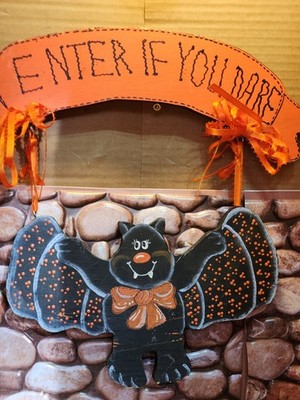 Enter Ie You Can Halloween Hand Painted Wooden Wall Sign Bat