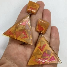 Vtg MAM Style 1980s Paper Resin Statement Dangle Earrings Geometric Post Dangle 