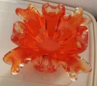 Bowl Murano Art Glass Orange Red Free Form Flame Pedal Ruffle Vintage
