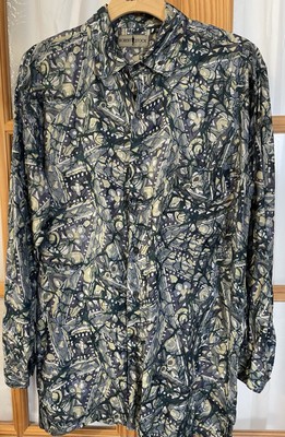 Robert Stock Silk Button Shirt Mens M Gray Abstract Long Sleeve Luxury Classic