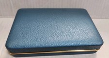 Vintage Travel Hardshell Hinged Jewelry Box Blue with White Satin inside 6" X 4"