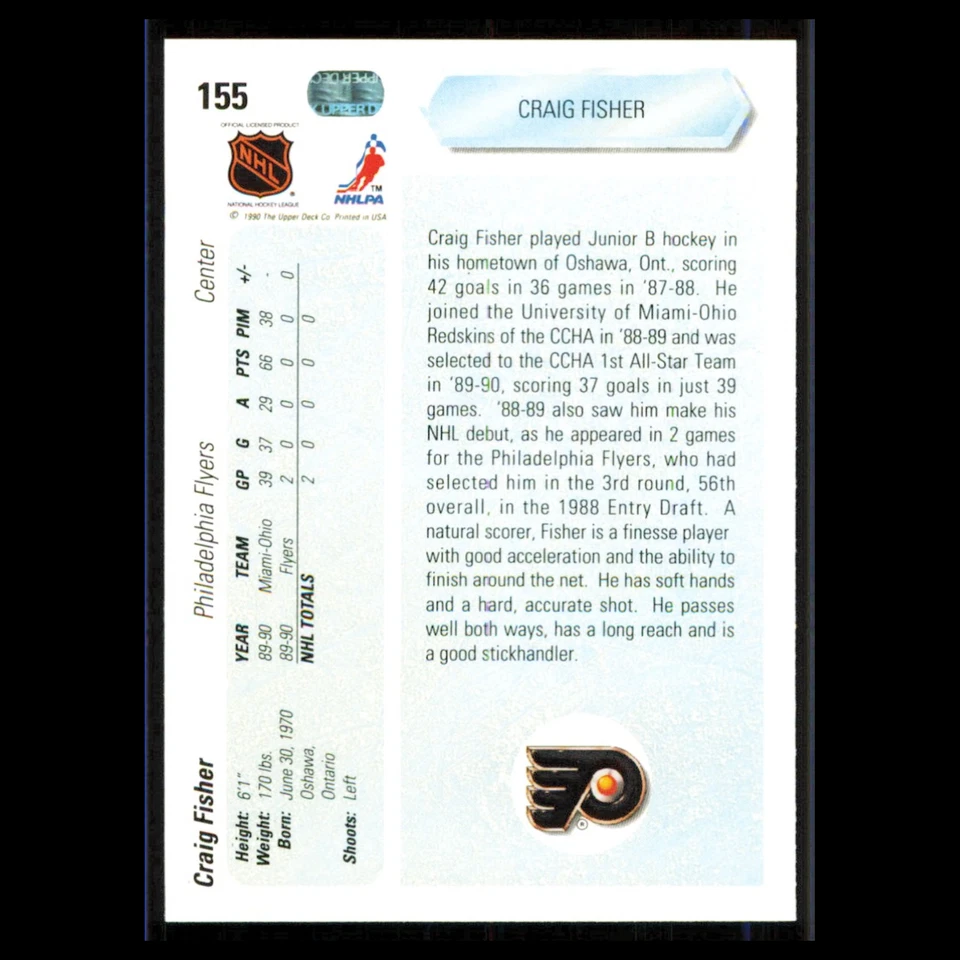 Craig Fisher Rookie #155 1990 Upper Deck Philadelphia Flyers Hockey Card NHL NM - Image 2 of 3