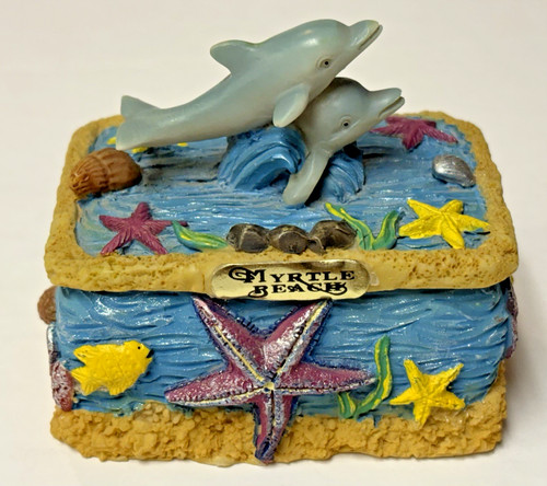 Dolphin Starfish Seashell Fish 3" Tinket/Jewelry Box Myrtle Beach 3-D Souvenir