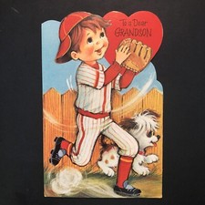 Vtg Valentine Day Card Cute Boy Baseball Mitt Cleats Puppy To Dear Grandson