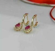 3Ct Pear Cut Lab Created Pink Ruby Drop Dangle Earrings 14K Yellow Gold Plated