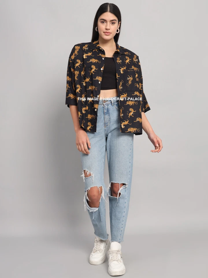 Donna Nero Leopardo Cotone Camicia Estiva Larga con Bottoni Manica Corta Top - Immagine 3 di 4