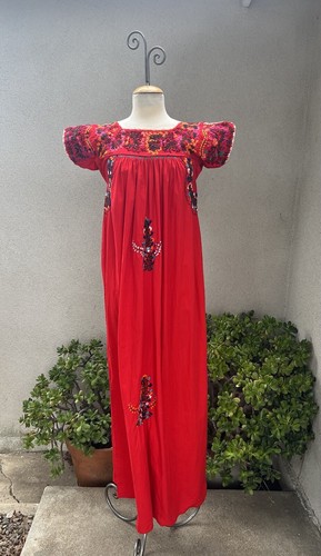 Vtg Boho Red Long Dress Embroidered Floral Mexico 