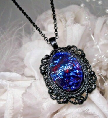 Solstice  equinox jewelry BLACK RARE BLUE FIRE OPAL DRAGONS BREATH NECKLACE