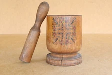 Vintage Mortar and Pestle Primitive Wood Pounder Masher Old Painted Early 20th.