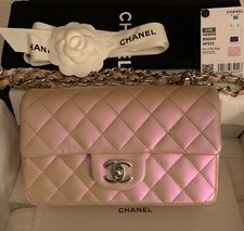 Chanel Classic Mini Flap Bag Iridescent Pink Calfskin Rectangular Silver HW 💘