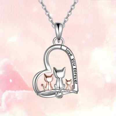 Cute Cat Family Heart Shaped Pendant Necklace Cat Lover Jewelry Gift