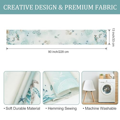  Sea Turtle Table Runner 13x90 Inch Nautical Coastal Teal Blue Ocean Theme 
