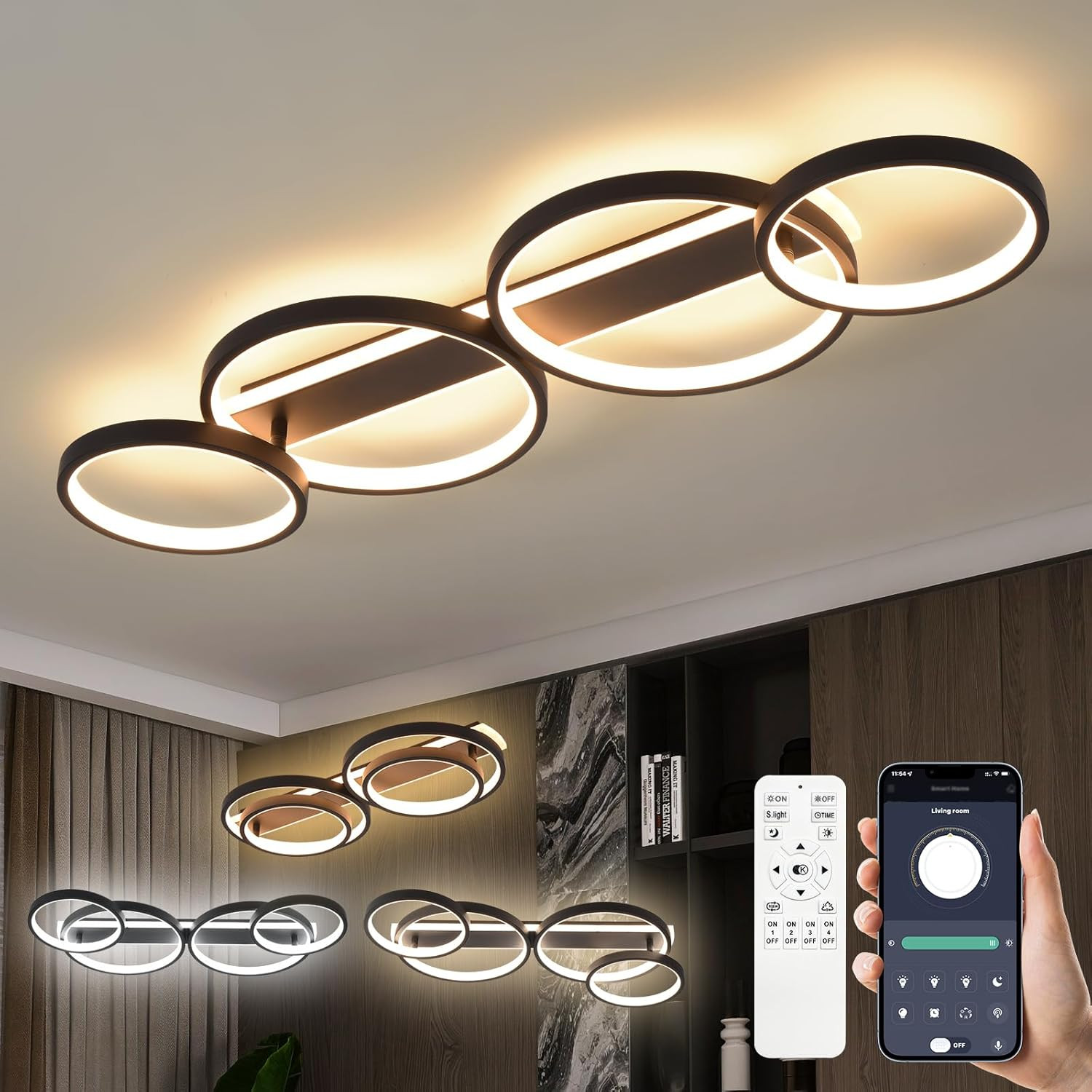 Plafonnier LED 48W 4 anneaux ronds au design moderne et chic noir