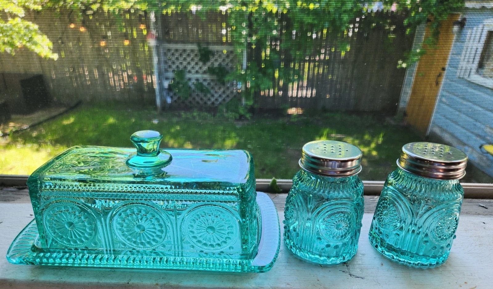 The Pioneer Woman Adeline Teal Glass Butter Dish Salt Pepper Shakers Vtg Style