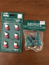 NEW NOS vintage mini Christmas stocking ornaments and village trees