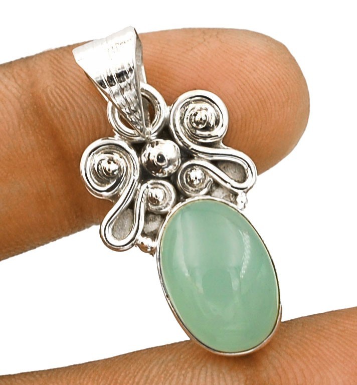 Natural Aquamarine Chalcedony 925 Solid Sterling Silver Pendant
