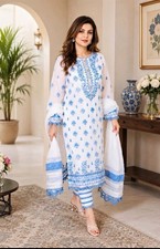 Handmade Women  s Pakistani Salwar Kameez 3PC Suit White Cotton w/ Dupatta
