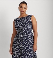 Ralph Lauren Leaf-Print Twist-Front Crepe Dress Blue Sz 16 *EUC*