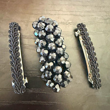 Vintage Lot of 3 Black Hair Barrettes Beaded Cluster Braided Trim French Clips