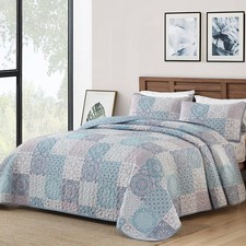 Quilt Set Queen Size, Light Blue/Pink Patchwork Bedspread 3 Pieces, Boho Plai...