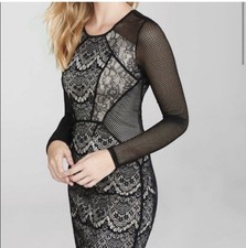 Express Black Beige Lace Crochet Mesh Bodycon Long Sleeve Dress Witchycore XS