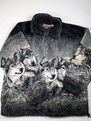 VTG 90s Cobblestone Canyon Fleece Jacket Men s XL Wolf Pack Los Lobos Native USA