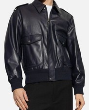 Givenchy Paris Men's Blue Leather Collared Long Sleeve Bomber Jacket Size 52