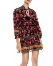 Alice and Olivia Sedona Printed Tie Neck Mini Dress Fall into you Black Multi 0