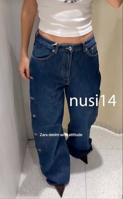 ZARA NEW WOMAN TRF MID-RISE BUTTONED BAGGY JEANS PANT BLUE 4730