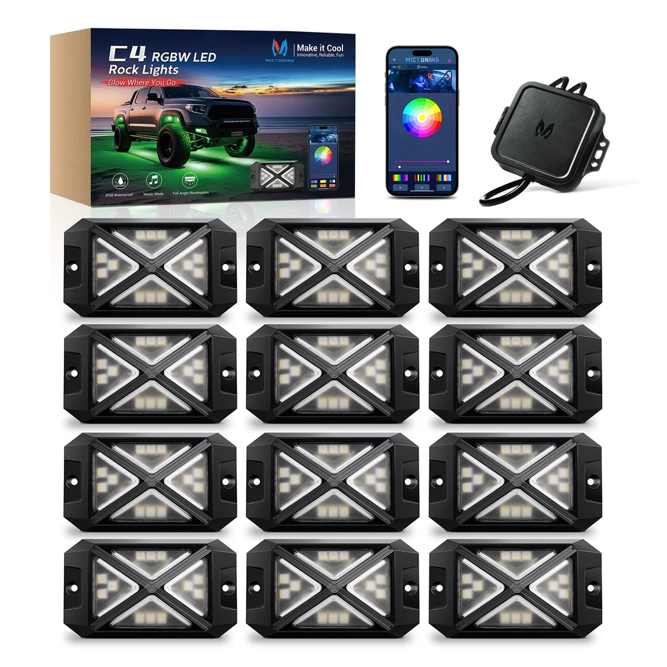 MICTUNING C4 RGBW LED Rock Lights Kit 12 Pods 360° Ultra-Bright Underglow Neon Accent Lamp