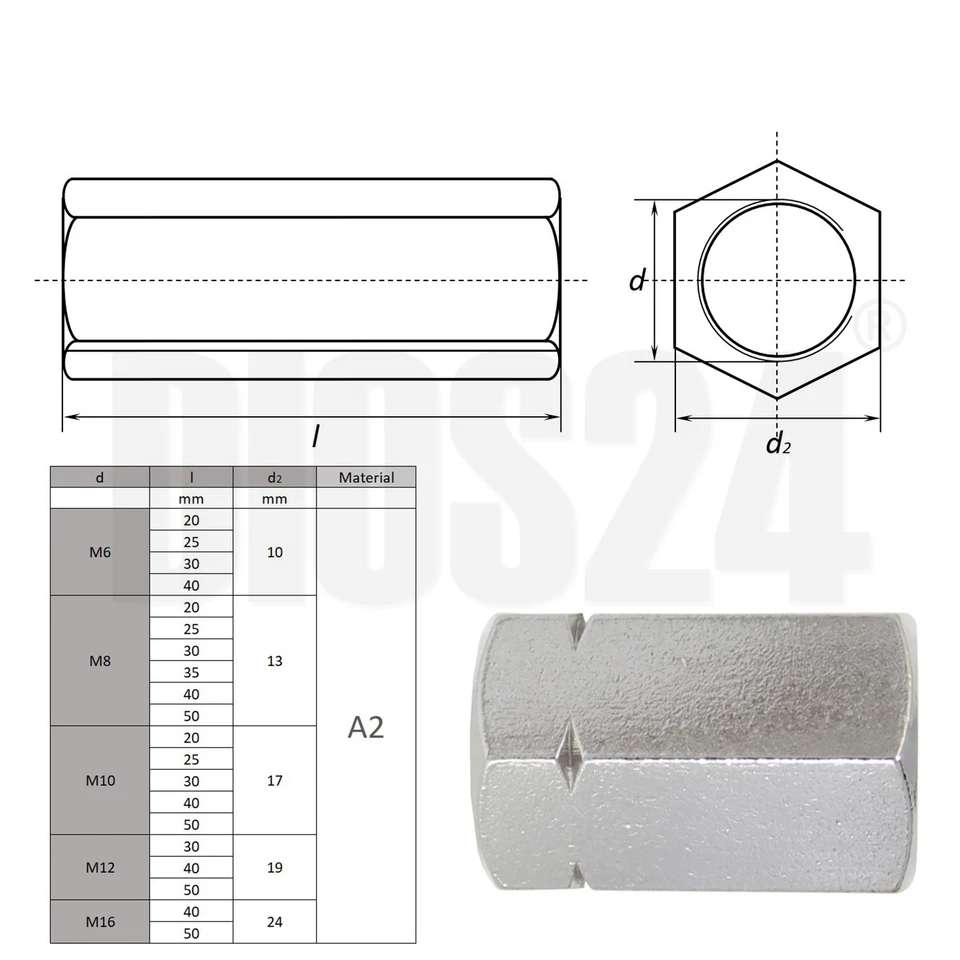 Distanzmuffen V2A rund sechskant M6-M12 Langmutter Gewindehülsen Rundmuttern - Bild 3 von 3