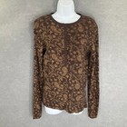 Faded Glory Henley Top Womens XL Brown Paisley Print Long Sleeve Thermo Y2K Vtg