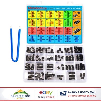 173 Piece IC Chip Assortment Kit with 12 Sockets and IC Plier for Electronics