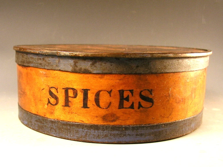 Rare Antique Spice box trimmed / tin ARABIAN CAMEL TOP LID Newark, N.J.SET OF 8 - Image 2 of 4