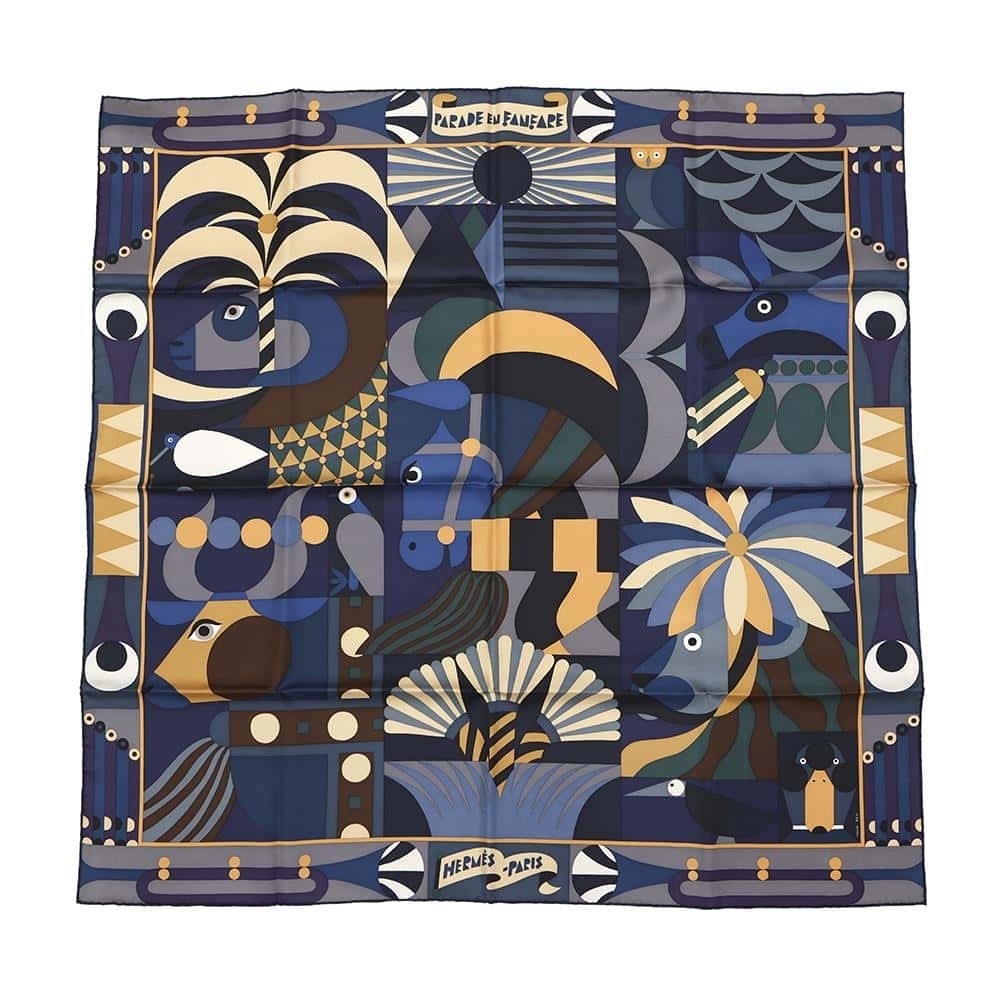 HERMES スカーフ Parade en Fanfare scarf 90 直営店ラッピング Hermes Silk Scarf Carre 90cm Parade En Fanfare Blue Beige