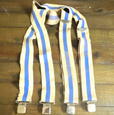 Vintage Welch Beige/Blue Striped Clip-On Elastic Suspenders Braces, Adult Unisex