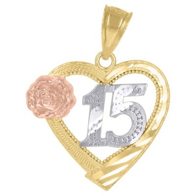 10kt dreifarbiges Gold Damen Textur süß 15 Anos Quinceañera Herz Charm Anhänger