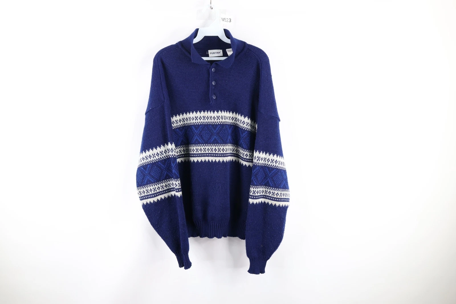 Vtg 90s Streetwear Mens Large Distressed Fair Isle Nordic Knit Collared Sweater