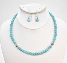 16" Silver Tone Blue Faux Turquoise Beaded Choker Necklace/Drop Earrings Bead