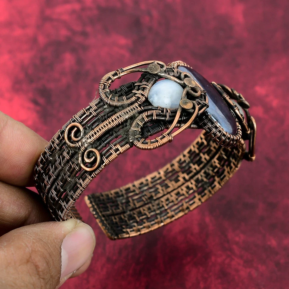Brazalete de shungita envuelto en alambre de cobre arco iris piedra lunar joyería ajustable Foto 3 de 4
