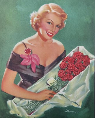 Vintage Edward D'Ancona Pin-Up Print With Love, Blonde Beauty with Roses