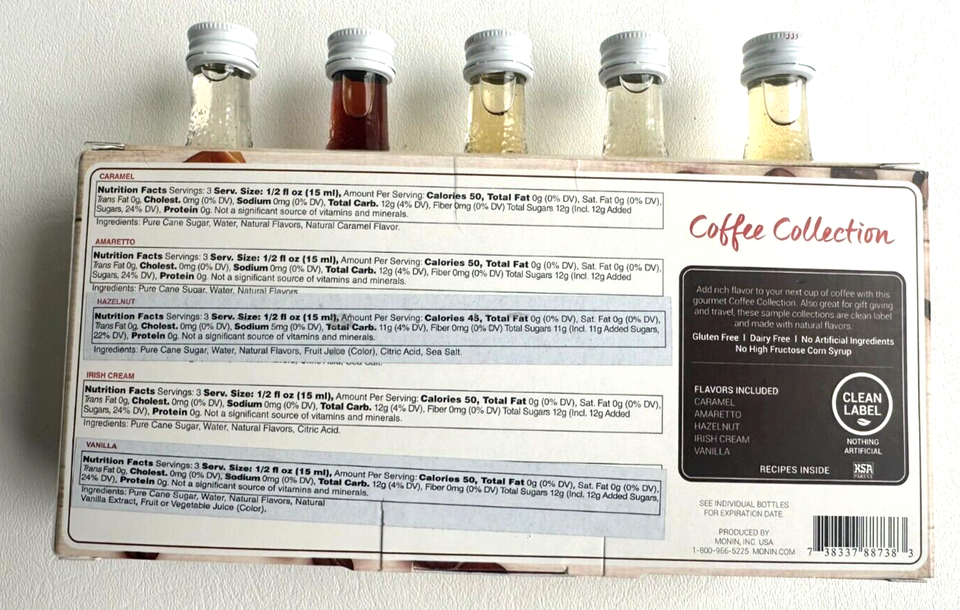 Monin Mini Coffee Collection Gourmet Flavorings 5pack Sampler (50mL