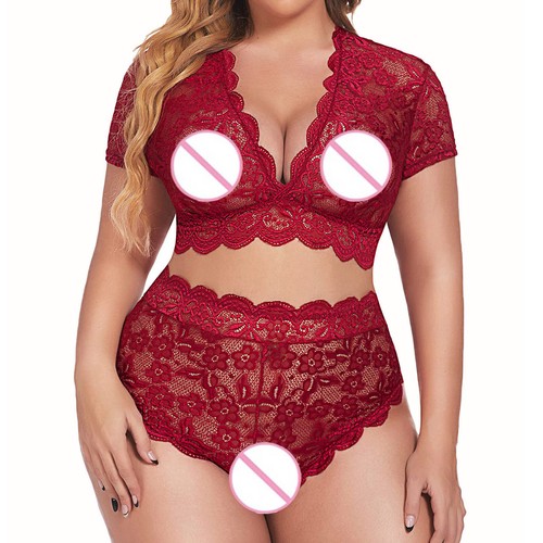 Lencería sexy talla grande cuello en V cintura alta floral encaje cruzado y pantillas - Imagen 37 de 42