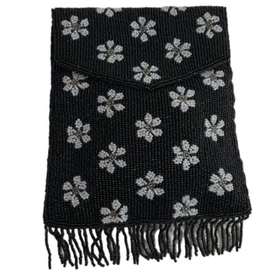 Handcrafted Women's Black Beaded Flowers Pattern Handbag Clutch Sz S