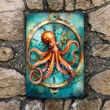 Octopus Metal Sign - Nautical Steampunk Wall Art - Coastal Beach Decor - 8x12