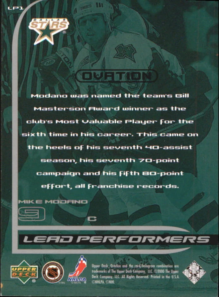 1999-00 Upper Deck Ovation Lead Performers #LP1 Mike Modano - NM-MT - Image 2 of 2