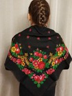 Vintage woolen shawl from the 1970s. Retro scarf black festive Traditions.