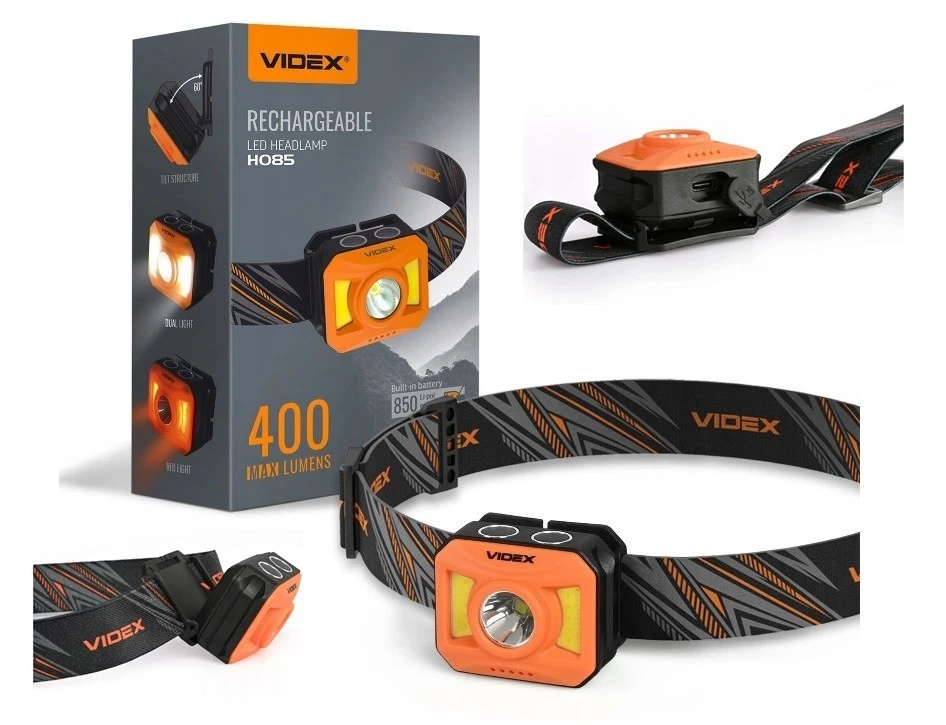 LED Stirnlampe Aufladbar 400Lm Kopflampe Akku Rotlicht IP65 VIDEX H085-OR