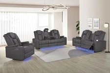 NEW 3PC LED Power Recliner Gray Upholstered Sofa Set USB Ports/Reading Lights