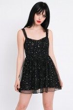 GOTH METALLIC TULLE dress black M fit flare stars sleeveless emo witchicore